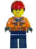 LEGO cty0700 Construction Worker - Chest Pocket Zippers, Belt over Dark Gray Hoodie, Red Construction Helmet with Long Hair, Peach Lips