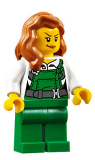 LEGO cty0745 Police - City Bandit Female with Green Overalls, Dark Orange Female Hair over Shoulder, Peach Lips Smirk