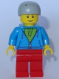 LEGO cty0785 City Bus Passenger - Dark Azure Hoodie with Green Striped Shirt, Red Legs, Light Bluish Gray Sports Helmet