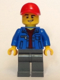 LEGO cty0800 Truck Driver - Blue Jacket over Dark Red V-Neck Sweater, Dark Bluish Gray Legs, Red Cap with Hole, Lopsided Grin