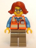 LEGO cty0801 Cargo Office Worker - Orange Safety Vest with Reflective Stripes, Dark Tan Legs, Dark Orange Female Hair Short Swept Sideways, Glasses