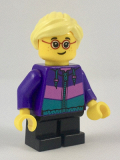 LEGO cty0908 Hiker, Girl Child, Dark Purple Jacket, Glasses, Bright Light Yellow Ponytail and Swept Sideways Fringe