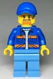 LEGO cty0956 Garbage Worker, Male, Blue Jacket with Diagonal Lower Pockets and Orange Stripes, Light Blue Legs, Blue Cap