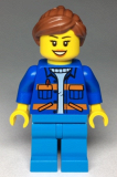 LEGO cty0957 Garbage Worker, Female, Blue Jacket with Diagonal Lower Pockets and Orange Stripes, Dark Azure Legs, Reddish Brown Ponytail