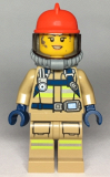 LEGO cty0967 Fire - Reflective Stripes, Dark Tan Suit, Red Fire Helmet, Open Mouth with Peach Lips and Dirty Face, Breathing Neck Gear with Blue Airtanks