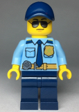 LEGO cty0981 Police - City Officer Shirt with Dark Blue Tie and Gold Badge, Dark Tan Belt with Radio, Dark Blue Legs, Blue Cap, Sunglasses
