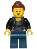 LEGO cty1022 Teenage Girl, Black Jacket and White Shirt with Black Stripes, Dark Blue Legs, Reddish Brown Hair Female Ponytail and Fringe