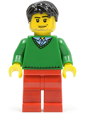 LEGO hol023 Green V-Neck Sweater, Red Legs, Black Short Tousled Hair, Smirk and Stubble Beard