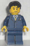LEGO hol054 Businessman Pinstripe Jacket and Gold Tie, Dark Blue Legs, Black Short Tousled Hair, Lopsided Smile, Stubble Beard