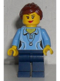 LEGO hol055 Medium Blue Female Shirt with Two Buttons and Shell Pendant, Dark Blue Legs, Reddish Brown Ponytail and Swept Sideways Fringe