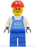 LEGO ovr031 Overalls Striped Blue with Pocket, Blue Legs, Red Construction Helmet, Cheek Lines, Dark Bluish Gray Hands (7990)