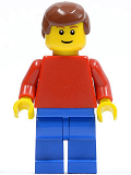 LEGO pln168 Plain Red Torso with Red Arms, Blue Legs, Reddish Brown Male Hair, Brown Eyebrows, Thin Grin