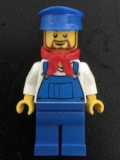 LEGO trn228 Overalls Blue over V-Neck Shirt, Blue Legs, Blue Hat, Brown Beard Rounded - Cargo Train Driver