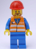 LEGO trn230 Orange Vest with Safety Stripes - Blue Legs, Red Construction Helmet, Brown Beard Rounded