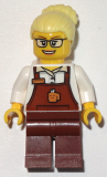 LEGO trn249 Female with Brown Apron with Cup and Name Tag Pattern, Open Mouth Smile with Peach Lips Pattern, Hair Female with Large High Bun