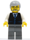 LEGO twn028 Black Vest with Blue Striped Tie, Dark Bluish Gray Legs, White Arms, Light Bluish Gray Male Hair, Glasses
