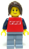 LEGO twn051 Red Shirt with 3 Silver Logos, Dark Blue Arms, Sand Blue Legs, Dark Brown Hair Ponytail Long with Side Bangs