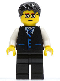 LEGO twn052 Black Vest with Blue Striped Tie, Black Legs, White Arms, Black Short Tousled Hair, Glasses