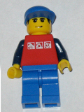 LEGO twn084 Red Shirt with 3 Silver Logos, Dark Blue Arms, Blue Legs, Blue Cap