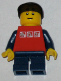 LEGO twn085 Red Shirt with 3 Silver Logos, Dark Blue Arms, Dark Blue Short Legs, Black Cap