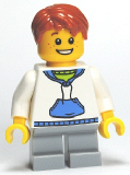 LEGO twn112 White Hoodie with Blue Pockets, Light Bluish Gray Short Legs, Dark Orange Short Tousled Hair