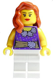 LEGO twn171 Female Dark Purple Blouse with Gold Sash and Flowers Pattern, White Legs, Red Lips
