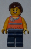 LEGO twn185 Orange Halter Top with Medium Blue Trim and Flowers Pattern, Dark Blue Legs, Reddish Brown Ponytail and Swept Sideways Fringe