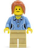 LEGO twn189 Medium Blue Female Shirt with Two Buttons and Shell Pendant, Tan Legs, Dark Orange Hair Ponytail Long with Side Bangs