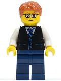 LEGO twn211 Black Vest with Blue Striped Tie, Dark Blue Legs, White Arms, Dark Orange Short Tousled Hair, Rectangular Glasses