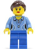 LEGO twn213 Medium Blue Female Shirt with Two Buttons and Shell Pendant, Blue Legs, Dark Brown Ponytail and Swept Sideways Fringe