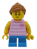 LEGO twn293 Girl, Bright Pink Striped Top with Cat Head, Dark Azure Short Legs and Medium Dark Flesh Ponytail and Swept Sideways Fringe