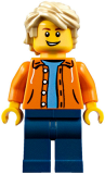 LEGO twn305 Orange Jacket with Hood over Light Blue Sweater, Dark Blue Legs, Tan Tousled Hair, Open Lopsided Grin