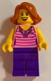 LEGO twn330 Woman, Striped Pink Shirt with Flower Necklace, Dark Orange Hair, Purple Legs (31084)