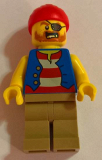 LEGO twn332 Pirate Man, Striped Red and White Shirt Under Blue Vest, Red Bandana, Left Eye Patch and 3 Gold Teeth, Dark Tan Legs (31084)