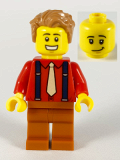 LEGO twn386 Male, Medium Nougat Hair, Red Shirt, Tan Tie, Dark Blue Suspenders, Dark Orange Legs