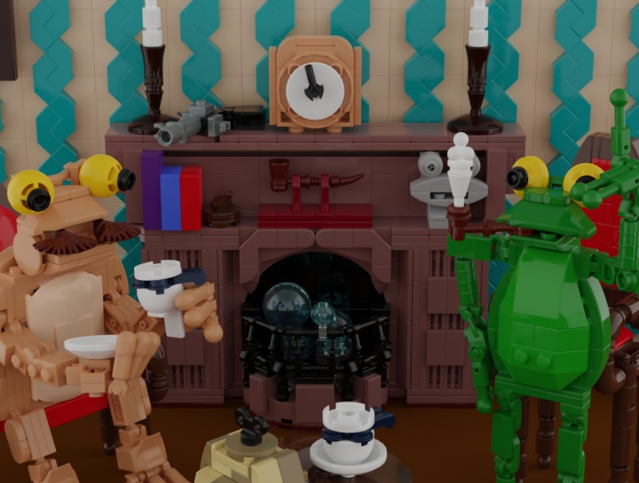 LEGO MOC - Detective Contest - Sherlock Frogs and Doctor Toadson: Я периодически бросал свой взгляд на камин, в котором тихо и ненавязчиво лопались пузыри. А ведь забавно, какие-то эксцентричные богачи умудряются устраивать в своих прудах камины с огнем.<br />
Пробежавшись взглядом по каминной полке, на которой умещались несколько книг, пресс-папье, одна из многочисленных курительных трубок Холмса и бюст одной очень известной амфибии, я заметил лежащий неподалеку свой револьвер и побранил себя за излишнюю рассеянность - следовало бы прибрать его в ящик письменного стола. <br />
Часы показывали без пяти минут полночь. <br />
Внезапно Холмс вскочил со своего кресла. В его глазах словно бы загорелся огонь идей. 