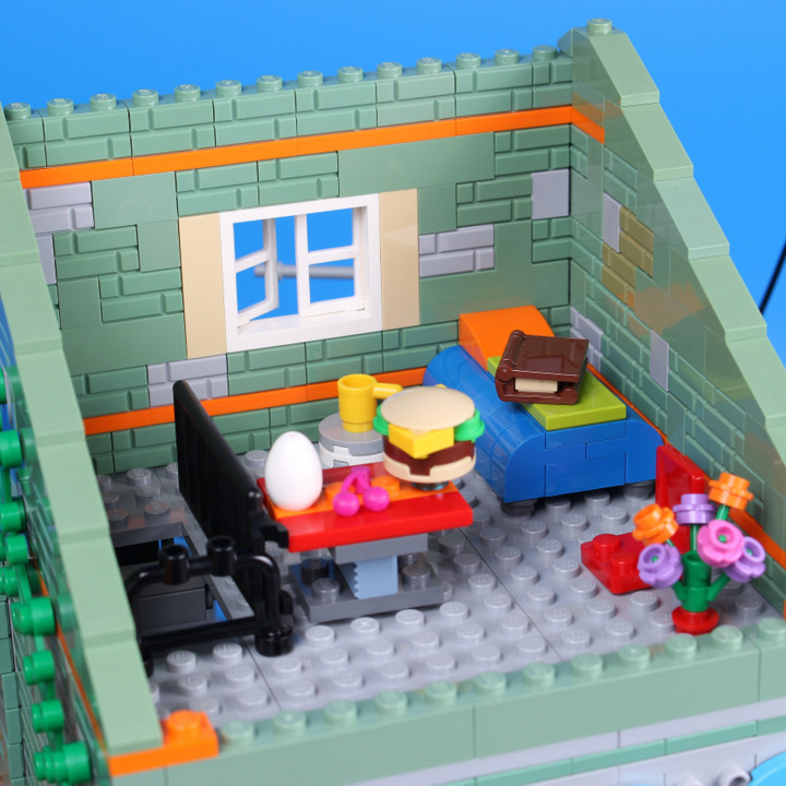 LEGO MOC - LEGO-конкурс 'Светлое будущее' - Всё у нас прекрасно!: А на чердаке под крышей - маленькая спаленка. Цветы, вкусняшки, свежий бриз из приоткрытого окна и книжка. Что ещё нужно, когда всё хорошо?