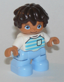LEGO 47205pb068 Duplo Figure Lego Ville, Child Boy, Bright Light Blue Legs, White Top with Medium Azure and Light Aqua Stripes, White Arms, Reddish Brown Hair