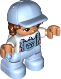 LEGO 47205pb088 Duplo Figure Lego Ville, Child Girl, Bright Light Blue Legs with Overalls, White Top, Reddish Brown Hair, Bright Light Blue Cap