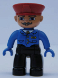 LEGO 47394pb038 Duplo Figure Lego Ville, Male, Black Legs, Blue Jacket with Tie, Red Hat, Curly Moustache (Train Conductor)