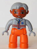 LEGO 47394pb065 Duplo Figure Lego Ville, Male Medic, Orange Legs, Light Bluish Gray Top with Zipper and Stripes, Light Bluish Gray Hair, Light Bluish Gray Hands
