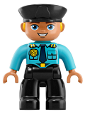LEGO 47394pb263 Duplo Figure Lego Ville, Male Police, Black Legs, Medium Azure Top with Badge and Epaulets, Black Hat with Yellow Hair
