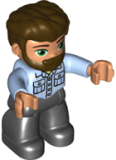 LEGO 47394pb318 Duplo Figure Lego Ville, Male, Black Legs, Bright Light Blue Shirt with Pockets, Dark Brown Hair and Beard
