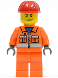 LEGO cty0137 Construction Worker - Orange Zipper, Safety Stripes, Orange Arms, Orange Legs, Red Construction Helmet, Scowl