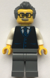 LEGO cty1070 Launch Director - Male, Black Vest with Blue Striped Tie, Dark Buish Gray Short Swept Back with Sideburns Hair, Glasses and Moustache