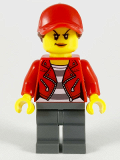 LEGO cty1147 Police - City Bandit Crook, Red Jacket, Red Ball Cap with Reddish Brown Ponytail, Dark Bluish Gray Legs