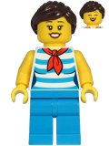 LEGO cty1213 Diner Employee - Female, White and Dark Azure Striped Shirt, Dark Azure Legs, Dark Brown Hair