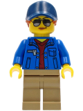 LEGO cty1265 Ground Crew - Female, Blue Jacket over Dark Red V-Neck Sweater, Dark Tan Legs, Dark Blue Cap with Dark Orange Ponytail