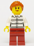 LEGO cty1275 Police - Jail Prisoner 50382 Prison Stripes, Female, Dark Red Legs, Scowl with Peach Lips, Orange Ponytail