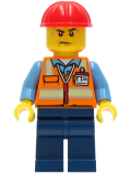 LEGO cty1281 Construction Worker - Orange Safety Vest with Reflective Stripes, Dark Blue Legs, Red Construction Helmet